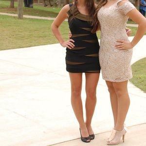 Black and bronze one shoulder dress